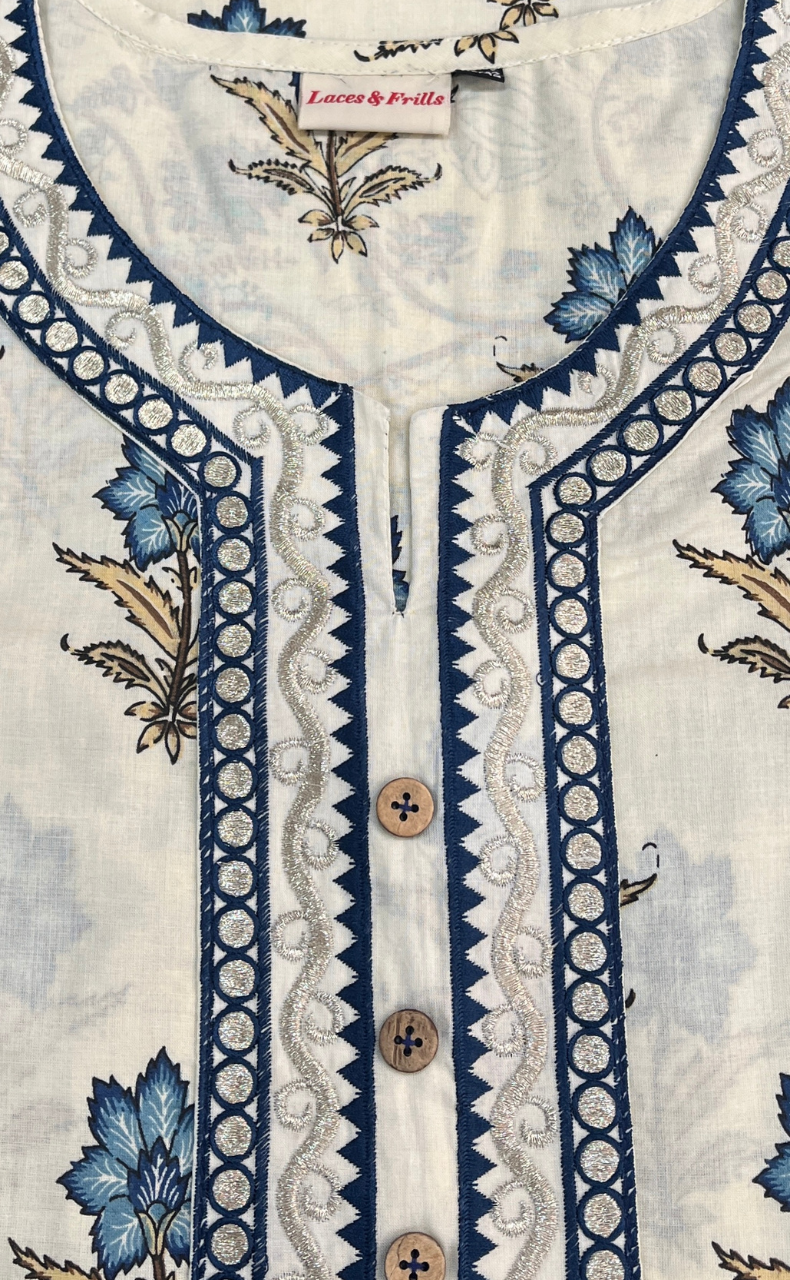 Blue Floral Jaipuri Cotton Kurti. Pure Versatile Cotton. | Laces and Frills