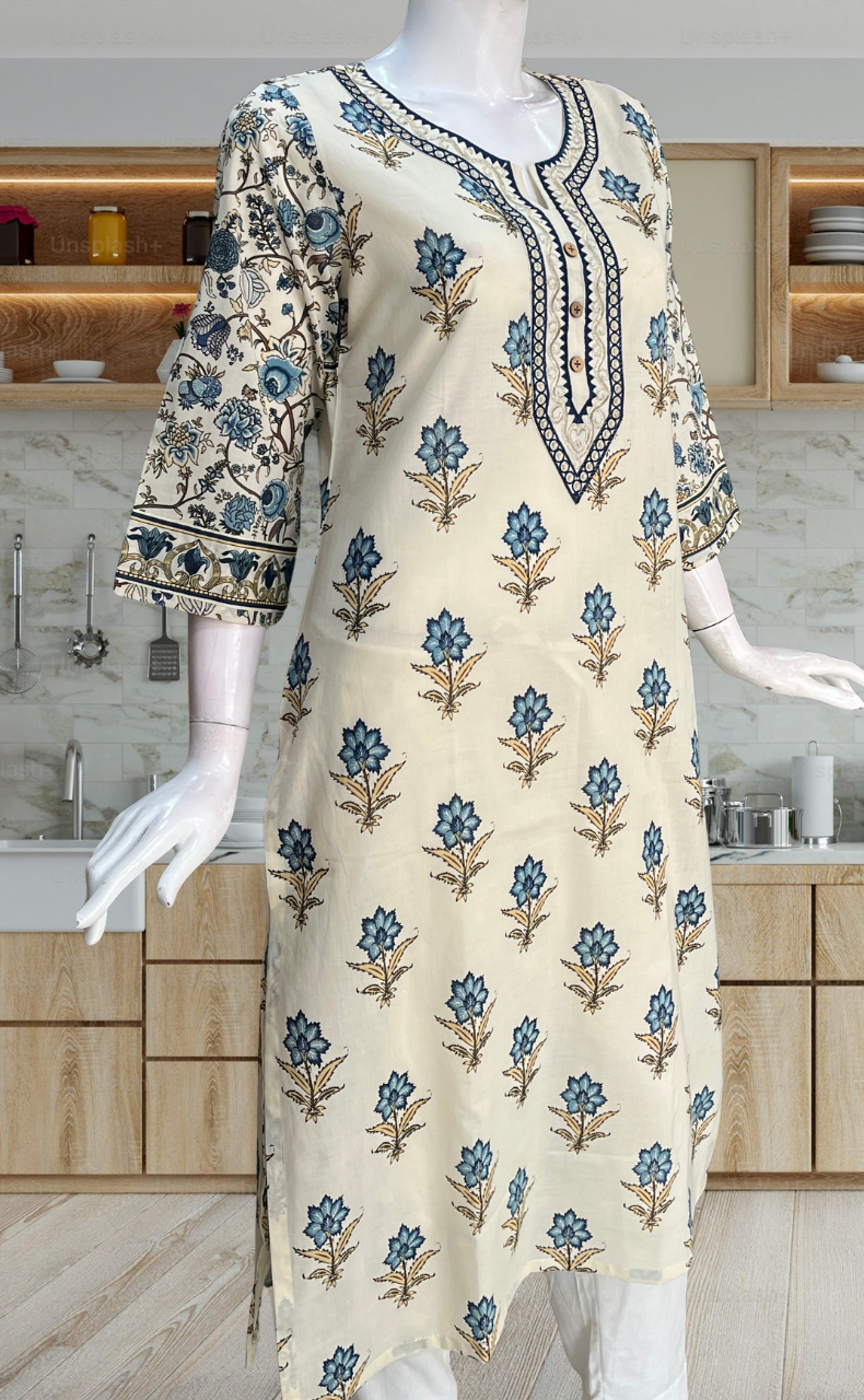 Blue Floral Jaipuri Cotton Kurti. Pure Versatile Cotton. | Laces and Frills