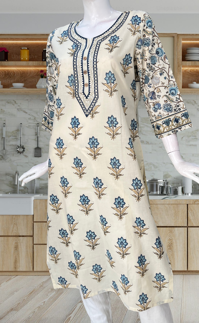 Blue Floral Jaipuri Cotton Kurti. Pure Versatile Cotton. | Laces and Frills