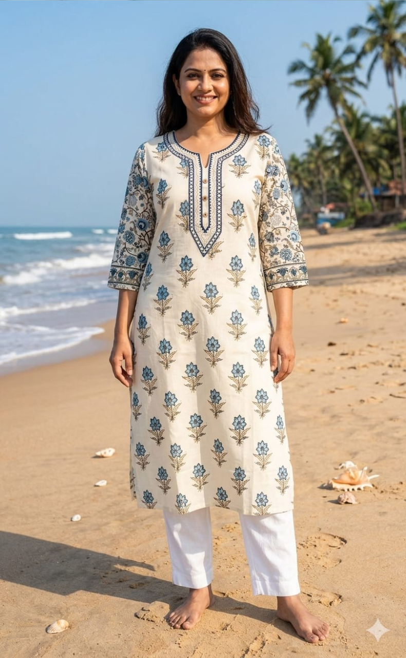 Blue Floral Jaipuri Cotton Kurti. Pure Versatile Cotton. | Laces and Frills