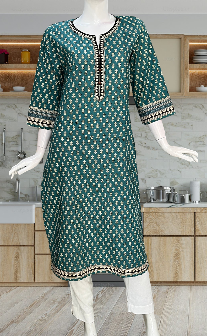 Teal Green Tiny Flora Jaipuri Cotton Kurti. Pure Versatile Cotton. | Laces and Frills
