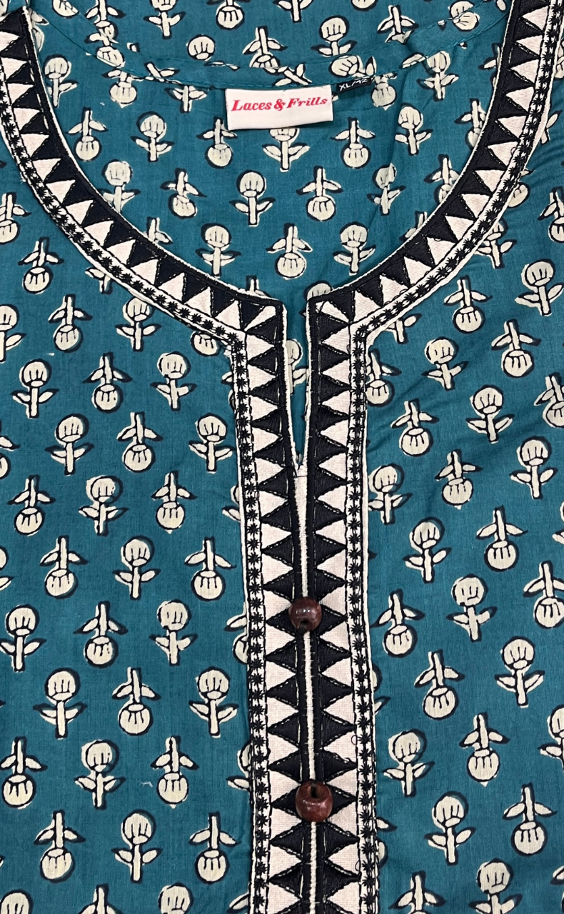 Teal Green Tiny Flora Jaipuri Cotton Kurti. Pure Versatile Cotton. | Laces and Frills