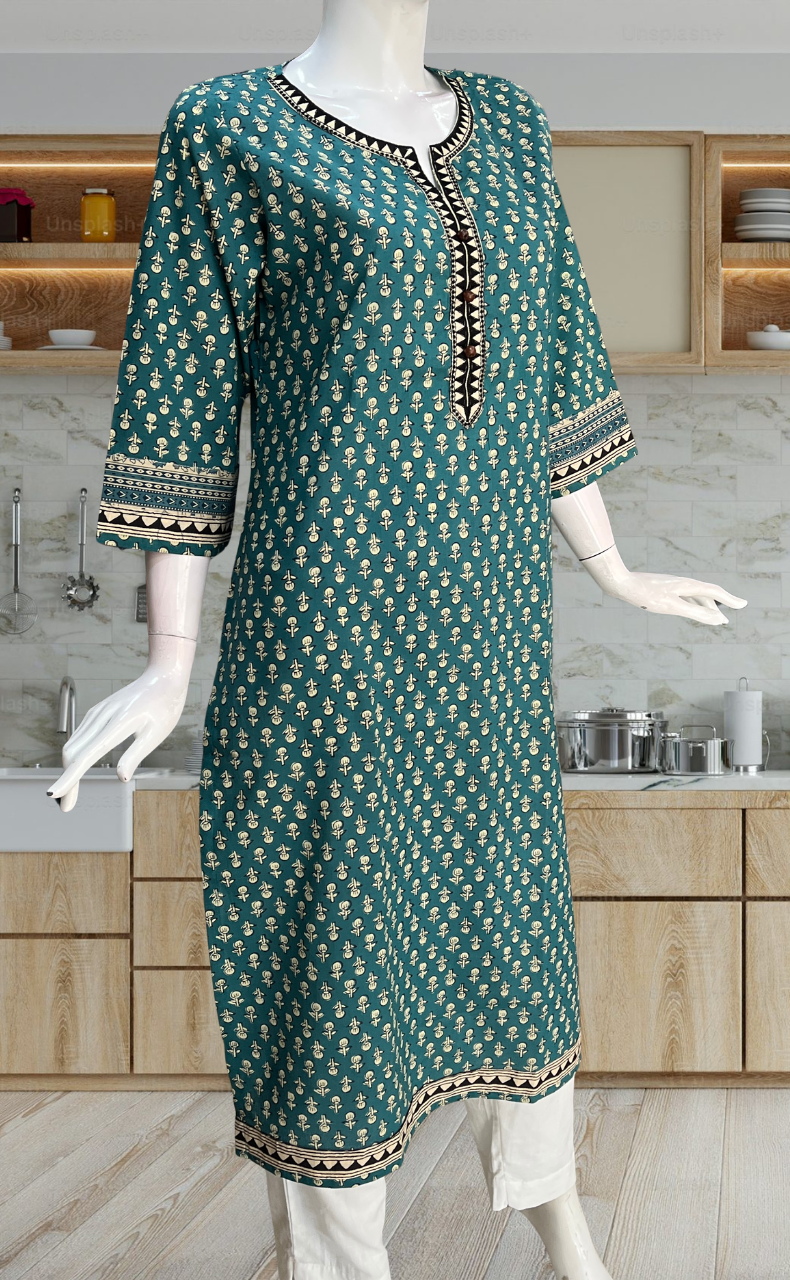 Teal Green Tiny Flora Jaipuri Cotton Kurti. Pure Versatile Cotton. | Laces and Frills