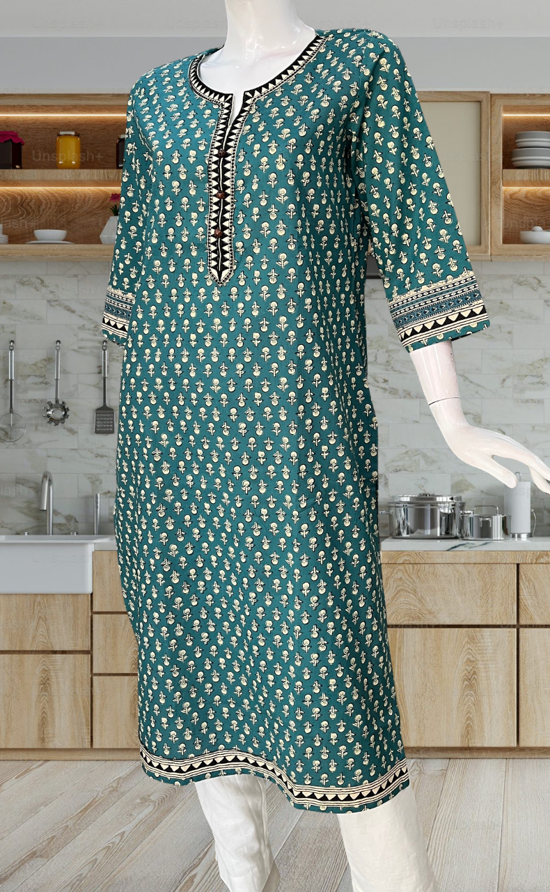 Teal Green Tiny Flora Jaipuri Cotton Kurti. Pure Versatile Cotton. | Laces and Frills
