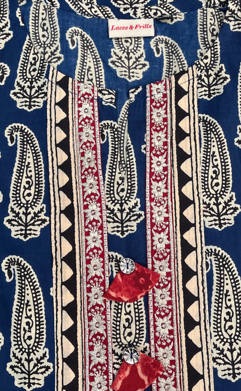 Blue Motif Jaipuri Cotton Kurti. Pure Versatile Cotton. | Laces and Frills