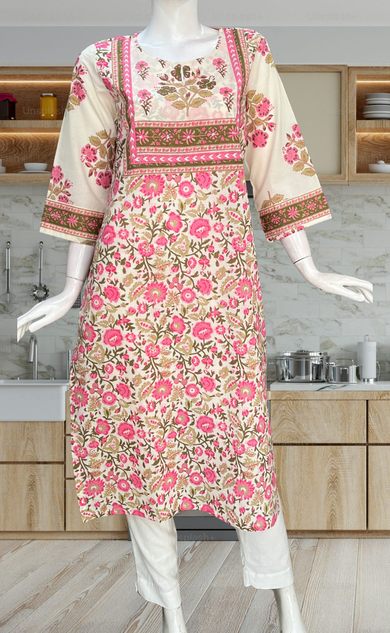 Pink Garden Jaipuri Cotton Kurti. Pure Versatile Cotton. | Laces and Frills