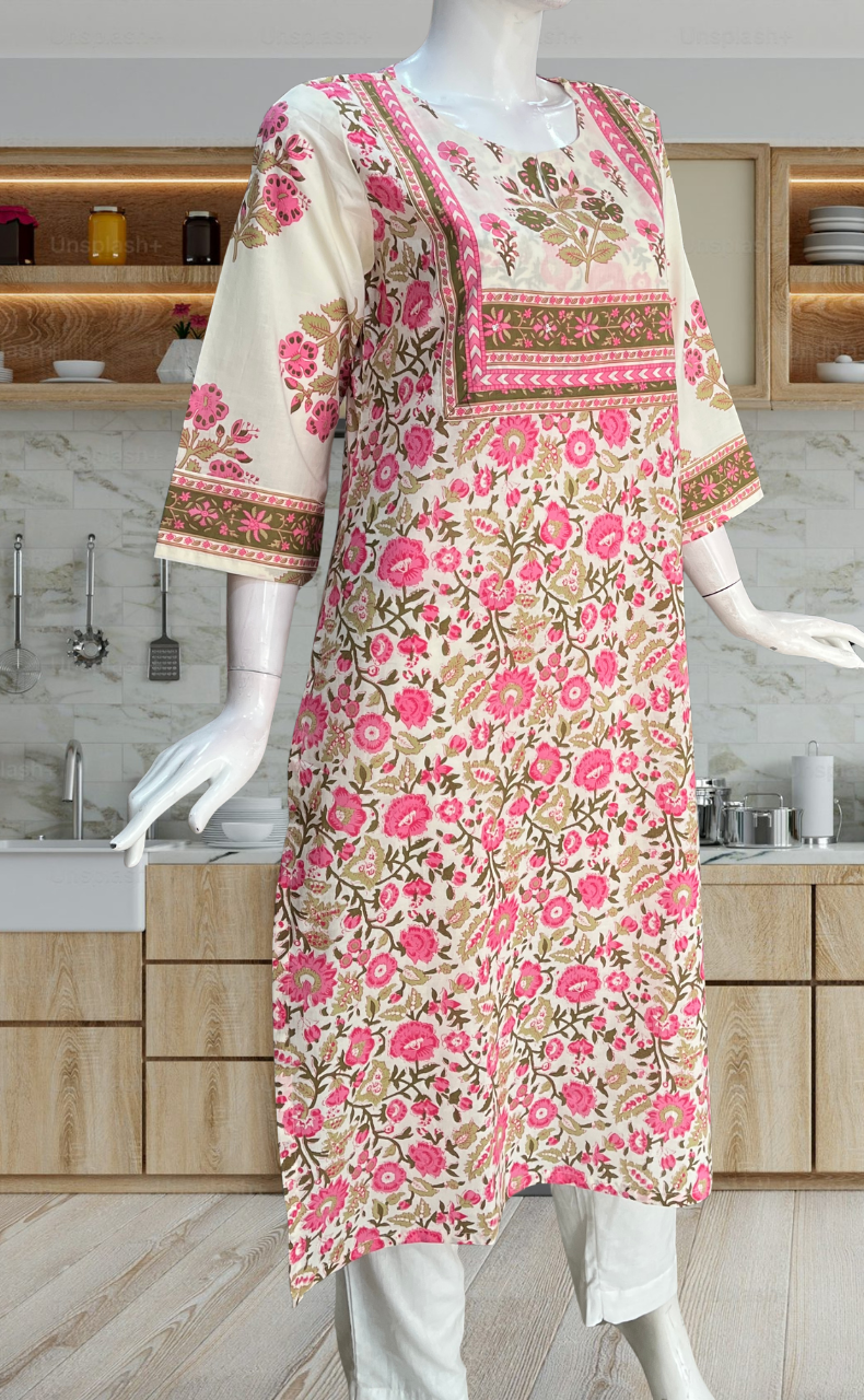 Pink Garden Jaipuri Cotton Kurti. Pure Versatile Cotton. | Laces and Frills