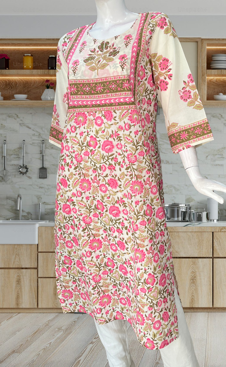 Pink Garden Jaipuri Cotton Kurti. Pure Versatile Cotton. | Laces and Frills