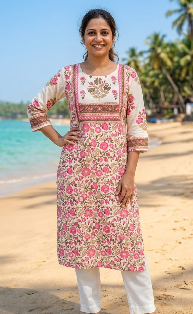 Pink Garden Jaipuri Cotton Kurti. Pure Versatile Cotton. | Laces and Frills