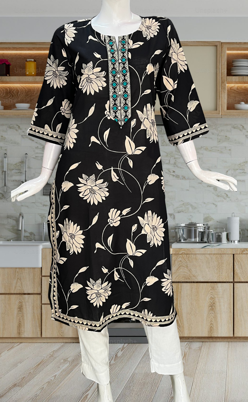 Black Floral Jaipuri Cotton Kurti. Pure Versatile Cotton. | Laces and Frills