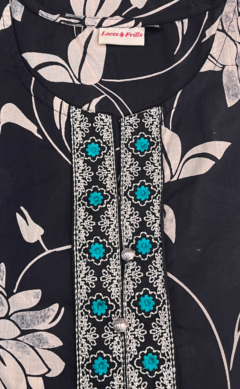 Black Floral Jaipuri Cotton Kurti. Pure Versatile Cotton. | Laces and Frills