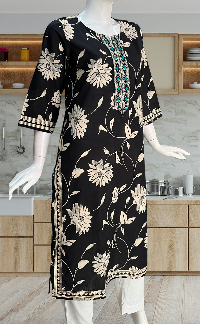 Black Floral Jaipuri Cotton Kurti. Pure Versatile Cotton. | Laces and Frills