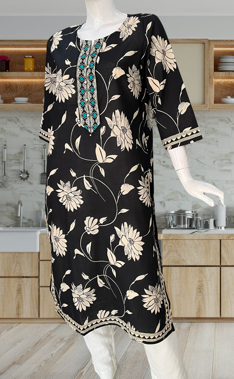 Black Floral Jaipuri Cotton Kurti. Pure Versatile Cotton. | Laces and Frills