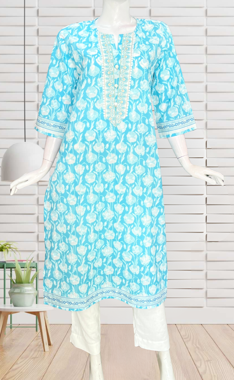 Sky Blue Floral Jaipuri Cotton Kurti. Pure Versatile Cotton. | Laces and Frills