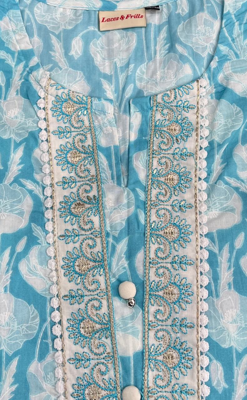 Sky Blue Floral Jaipuri Cotton Kurti. Pure Versatile Cotton. | Laces and Frills
