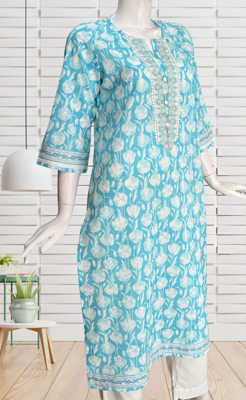 Sky Blue Floral Jaipuri Cotton Kurti. Pure Versatile Cotton. | Laces and Frills