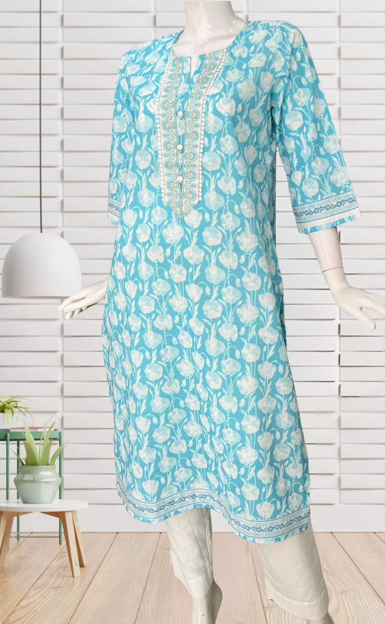 Sky Blue Floral Jaipuri Cotton Kurti. Pure Versatile Cotton. | Laces and Frills