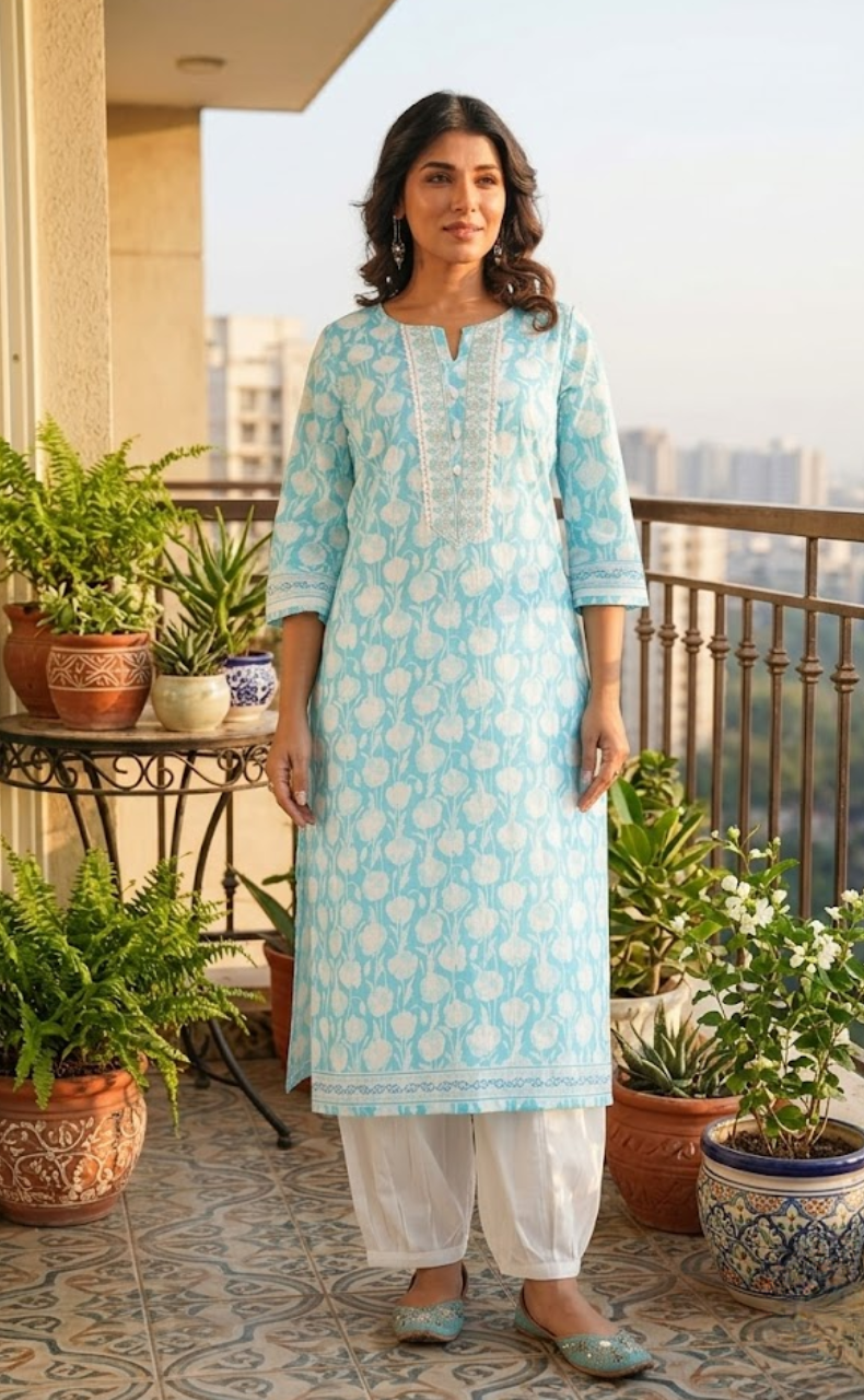 Sky Blue Floral Jaipuri Cotton Kurti. Pure Versatile Cotton. | Laces and Frills