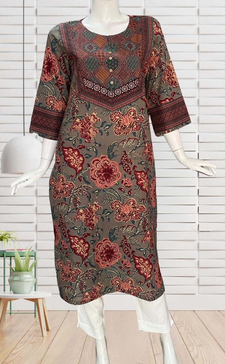 Grey Floral Jaipuri Cotton Kurti. Pure Versatile Cotton. | Laces and Frills