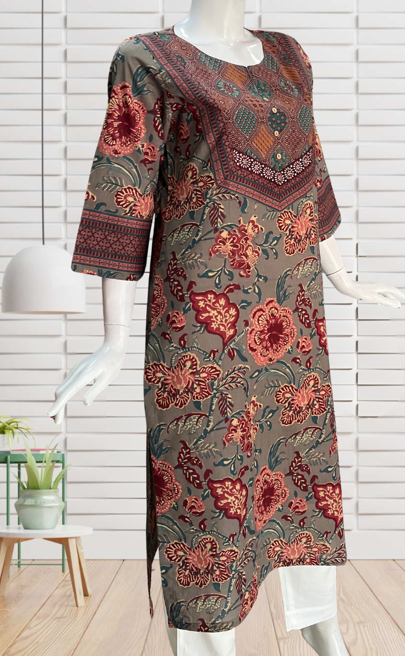 Grey Floral Jaipuri Cotton Kurti. Pure Versatile Cotton. | Laces and Frills