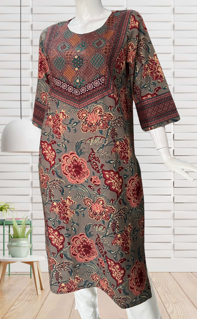 Grey Floral Jaipuri Cotton Kurti. Pure Versatile Cotton. | Laces and Frills