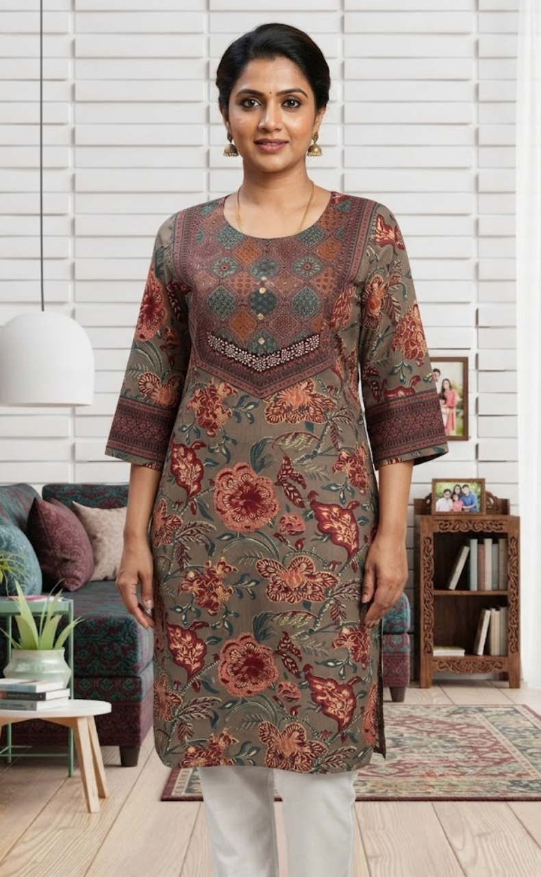 Grey Floral Jaipuri Cotton Kurti. Pure Versatile Cotton. | Laces and Frills