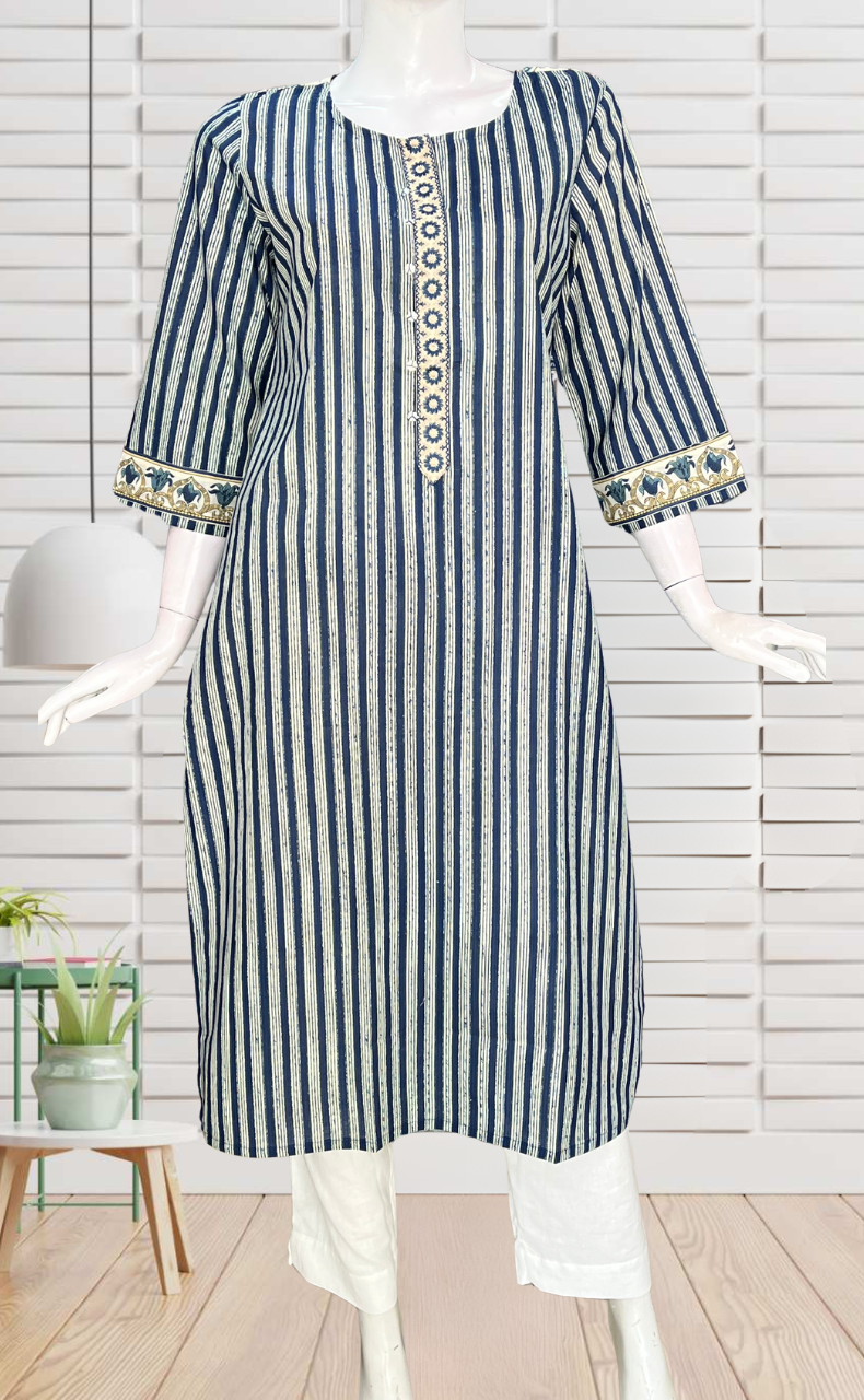 Navy Blue Stripes Jaipuri Cotton Kurti. Pure Versatile Cotton. | Laces and Frills