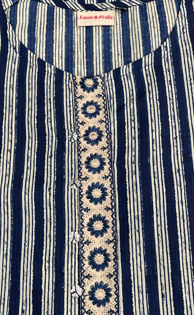 Navy Blue Stripes Jaipuri Cotton Kurti. Pure Versatile Cotton. | Laces and Frills