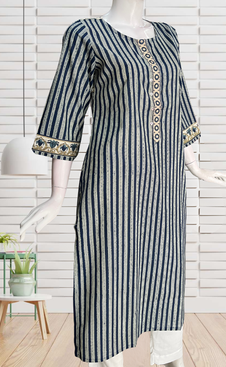 Navy Blue Stripes Jaipuri Cotton Kurti. Pure Versatile Cotton. | Laces and Frills