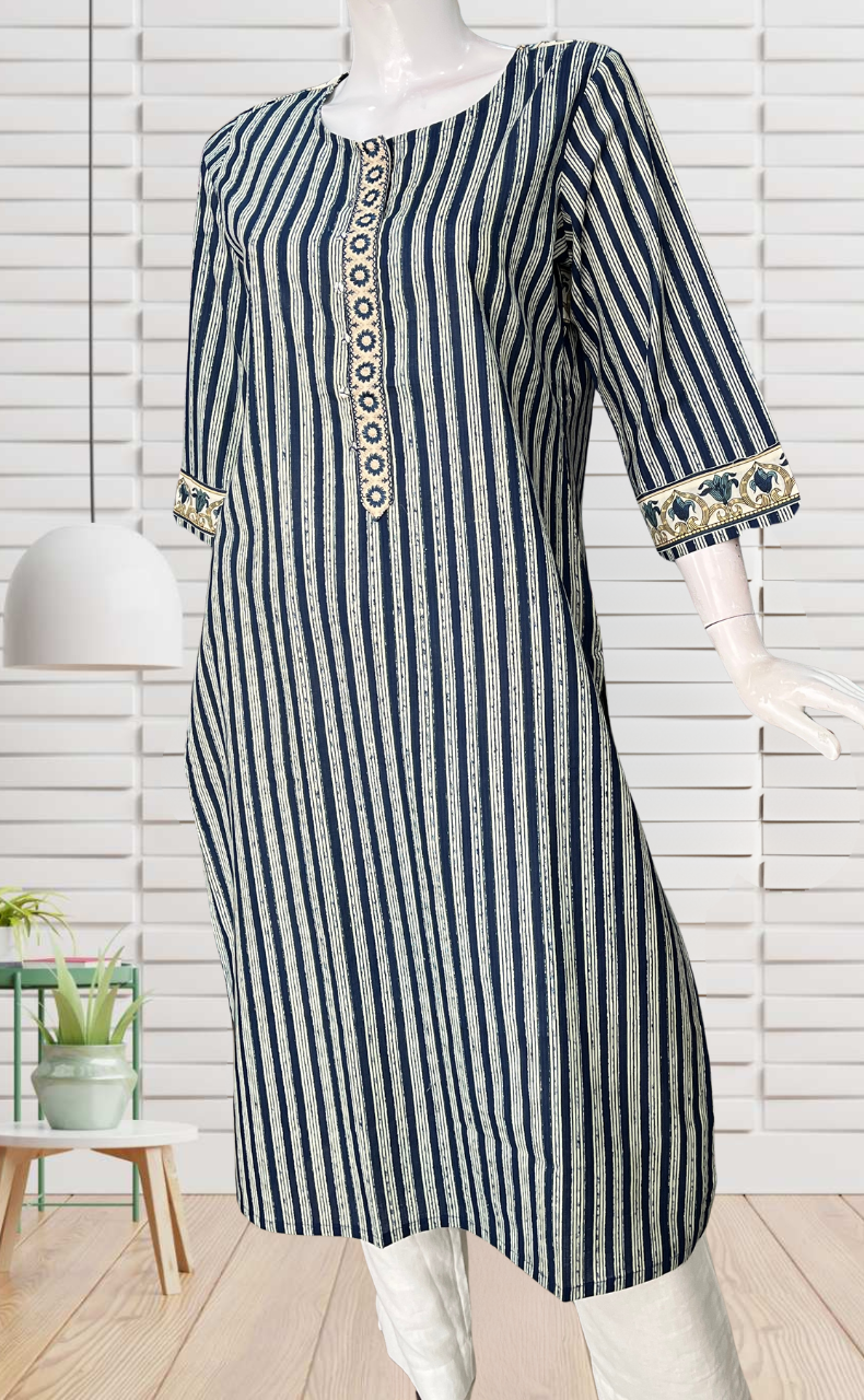 Navy Blue Stripes Jaipuri Cotton Kurti. Pure Versatile Cotton. | Laces and Frills