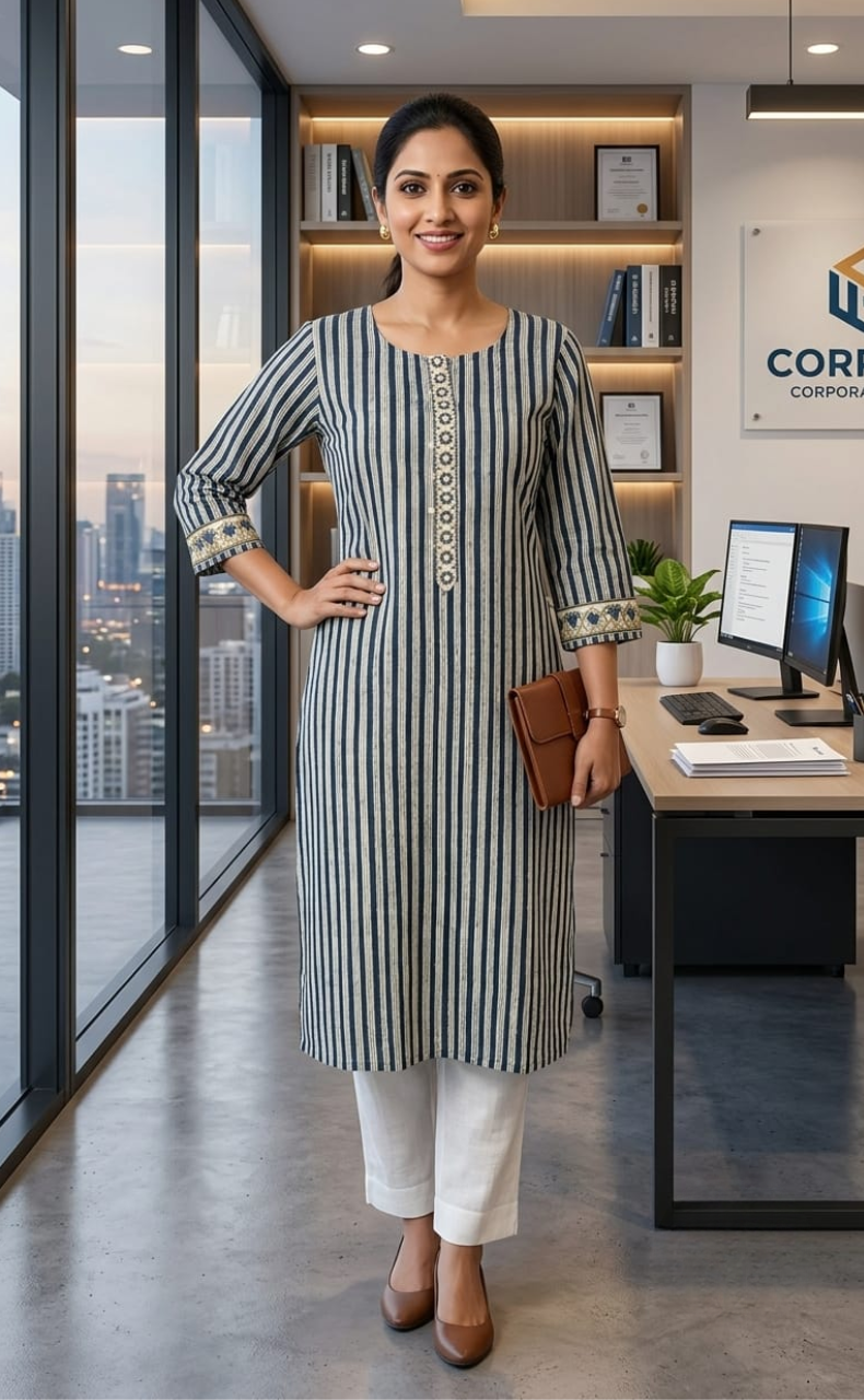 Navy Blue Stripes Jaipuri Cotton Kurti. Pure Versatile Cotton. | Laces and Frills