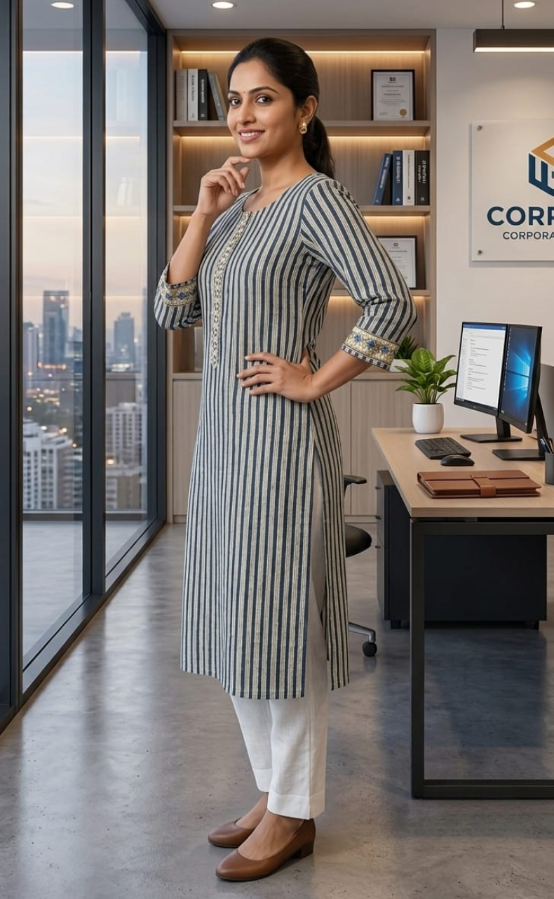 Navy Blue Stripes Jaipuri Cotton Kurti. Pure Versatile Cotton. | Laces and Frills