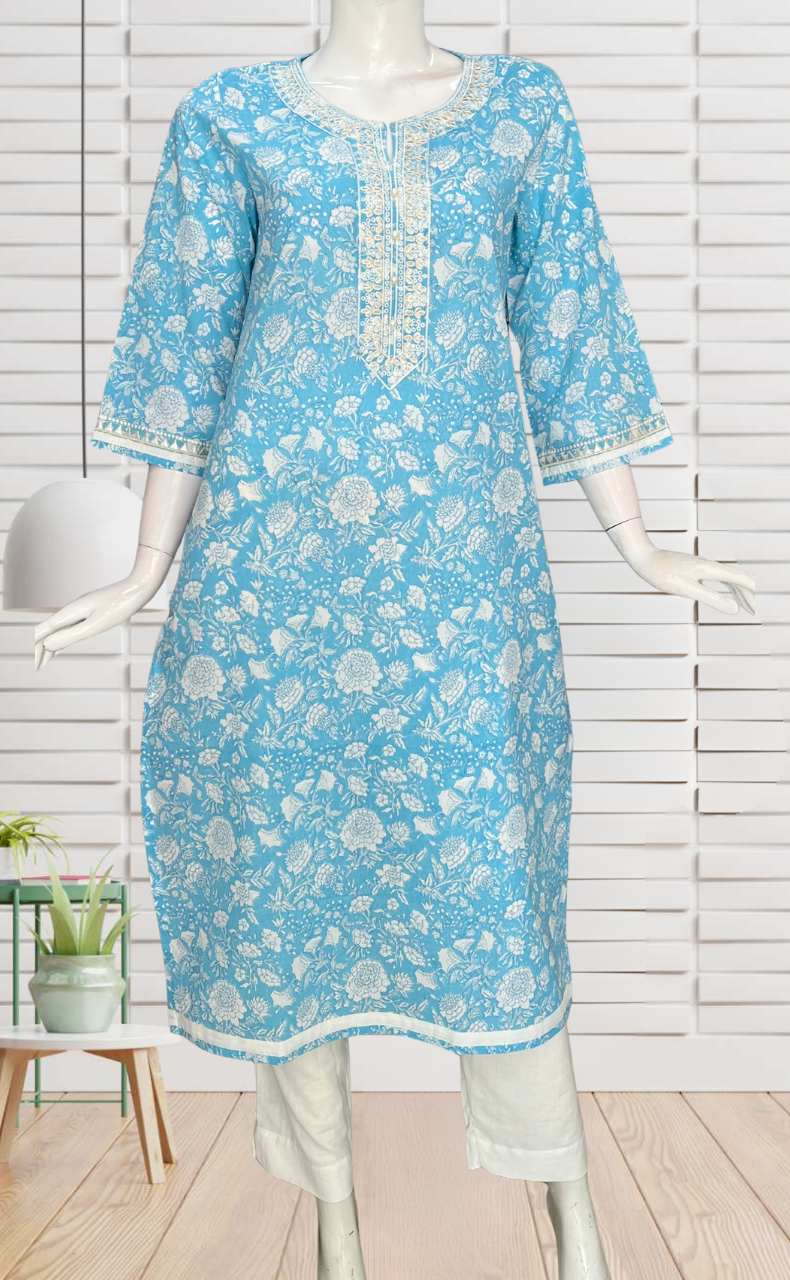 Sky Blue Garden Jaipuri Cotton Kurti. Pure Versatile Cotton. | Laces and Frills