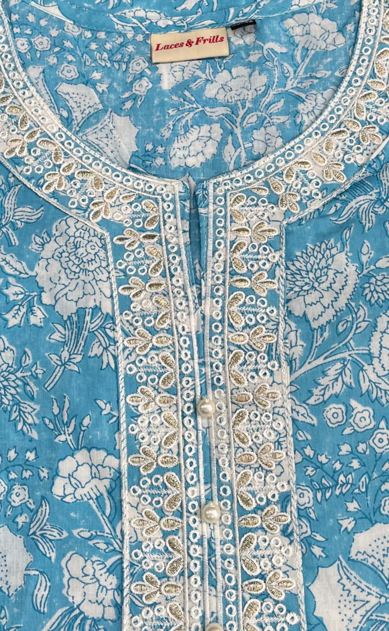 Sky Blue Garden Jaipuri Cotton Kurti. Pure Versatile Cotton. | Laces and Frills