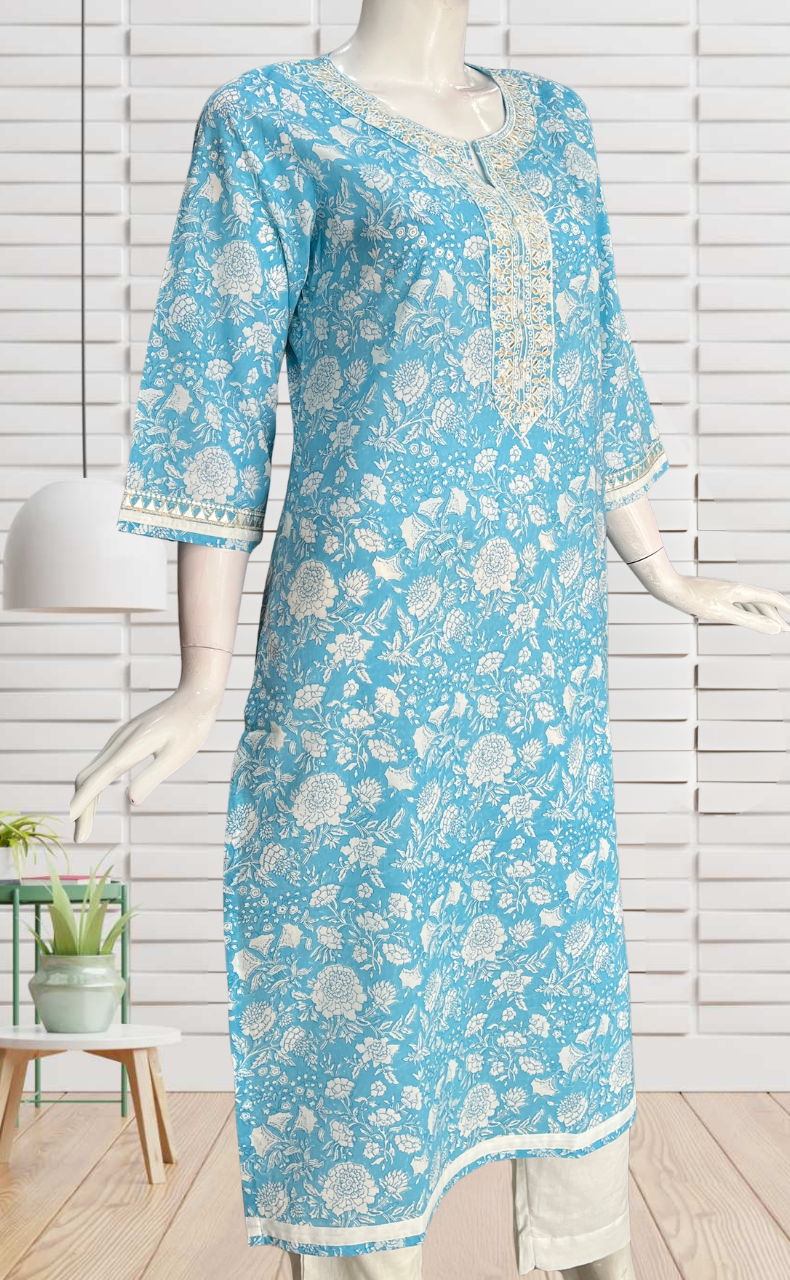 Sky Blue Garden Jaipuri Cotton Kurti. Pure Versatile Cotton. | Laces and Frills