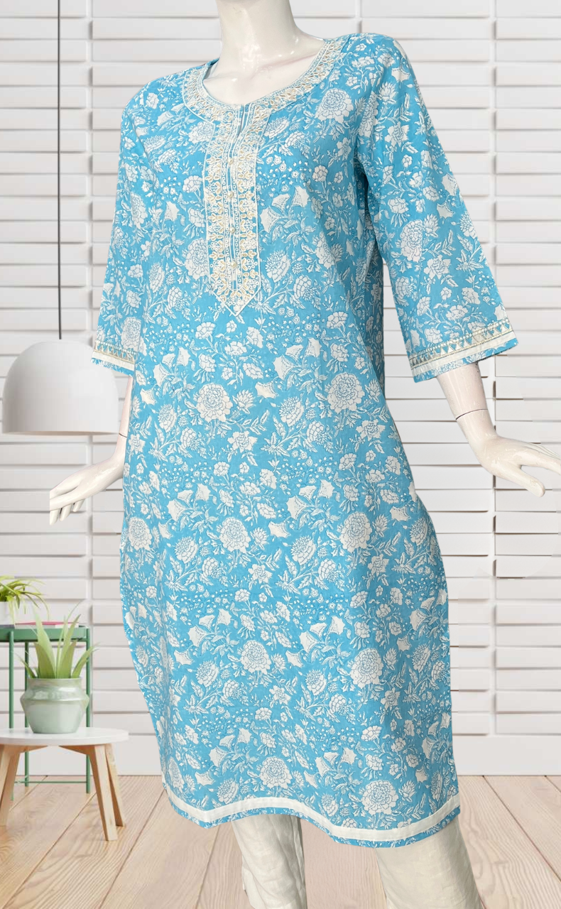 Sky Blue Garden Jaipuri Cotton Kurti. Pure Versatile Cotton. | Laces and Frills