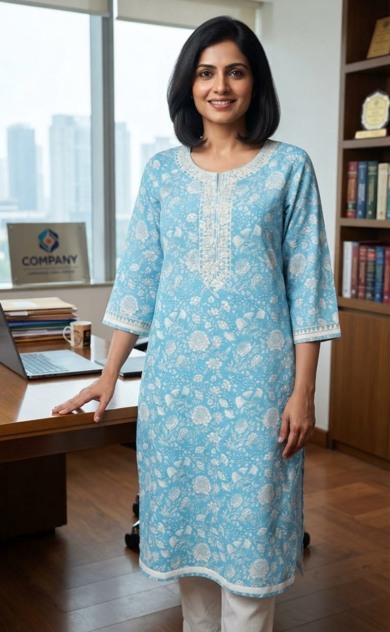 Sky Blue Garden Jaipuri Cotton Kurti. Pure Versatile Cotton. | Laces and Frills