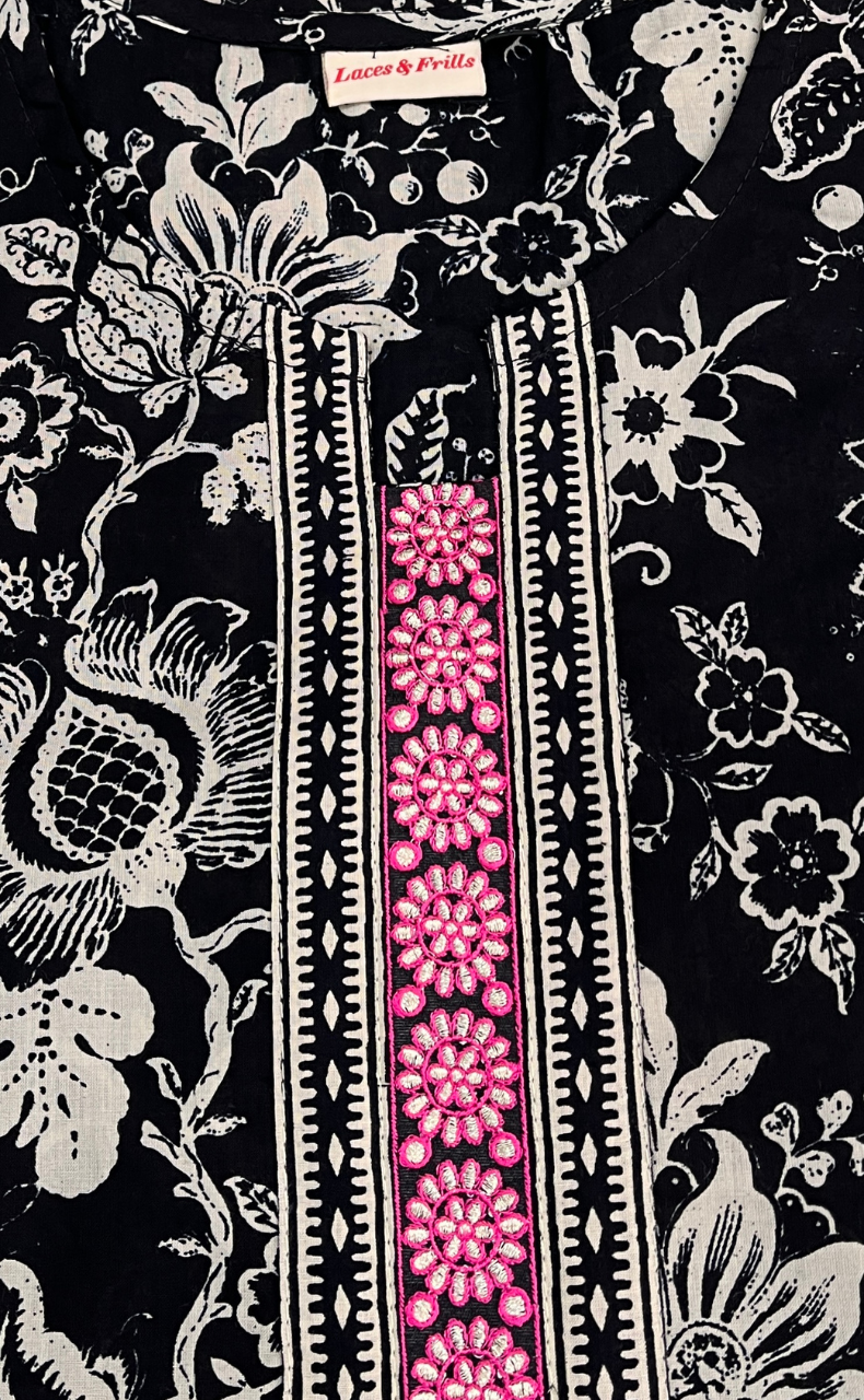 Black Garden Jaipuri Cotton Kurti. Pure Versatile Cotton. | Laces and Frills
