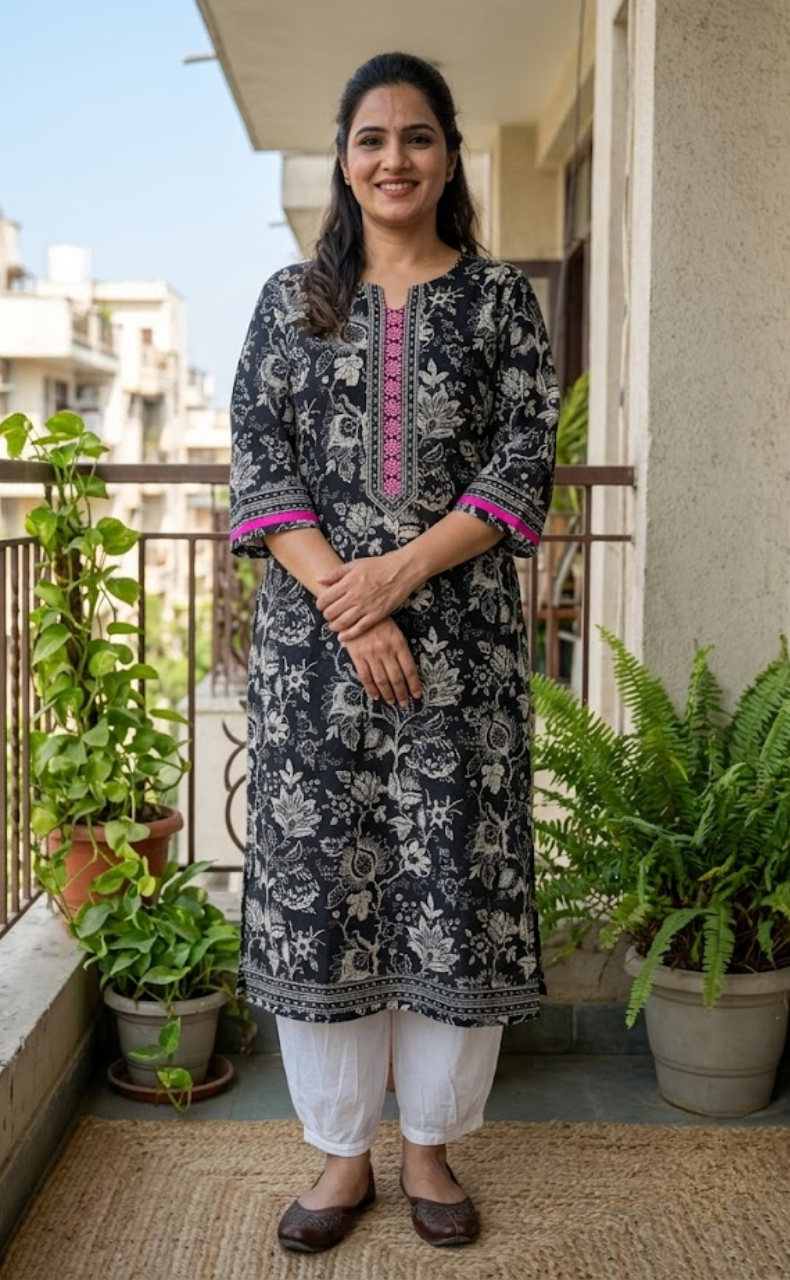 Black Garden Jaipuri Cotton Kurti. Pure Versatile Cotton. | Laces and Frills