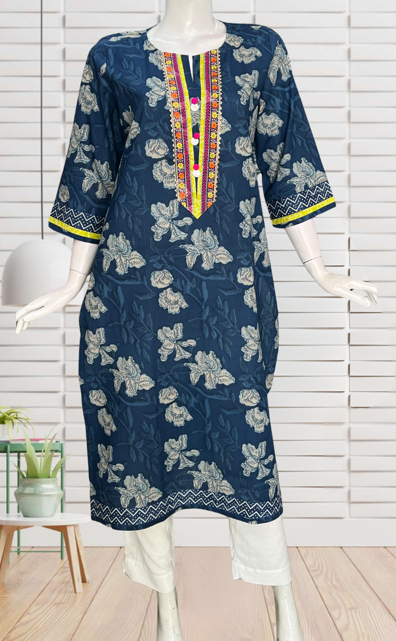 Blue Floral Jaipuri Cotton Kurti. Pure Versatile Cotton. | Laces and Frills