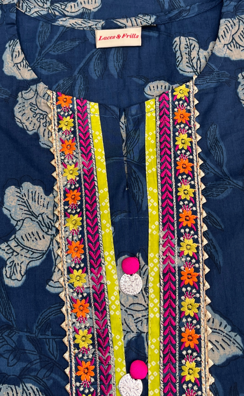 Blue Floral Jaipuri Cotton Kurti. Pure Versatile Cotton. | Laces and Frills