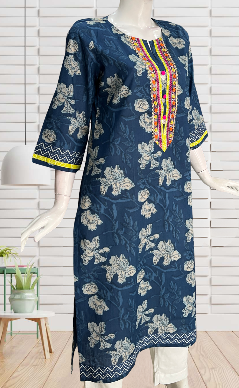 Blue Floral Jaipuri Cotton Kurti. Pure Versatile Cotton. | Laces and Frills
