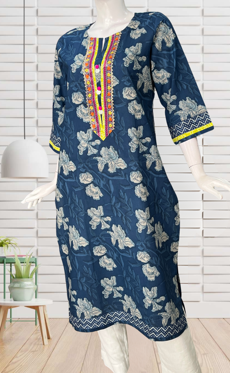 Blue Floral Jaipuri Cotton Kurti. Pure Versatile Cotton. | Laces and Frills
