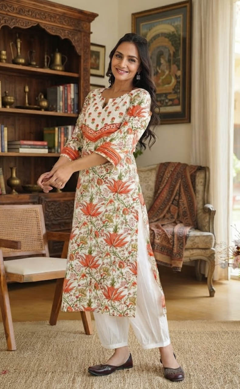 Orange Garden Jaipuri Cotton Kurti. Pure Versatile Cotton. | Laces and Frills