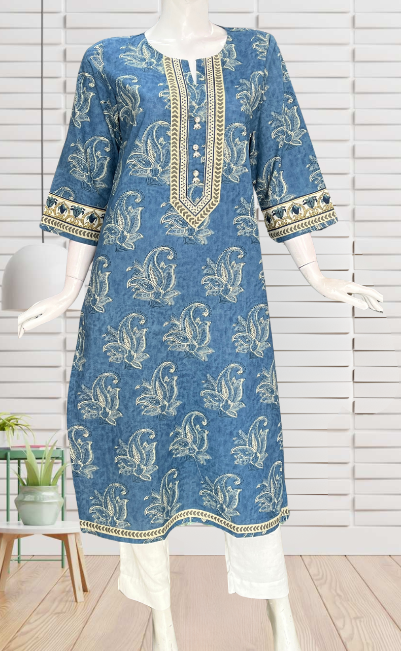 Indigo Blue Floral Jaipuri Cotton Kurti. Pure Versatile Cotton. | Laces and Frills