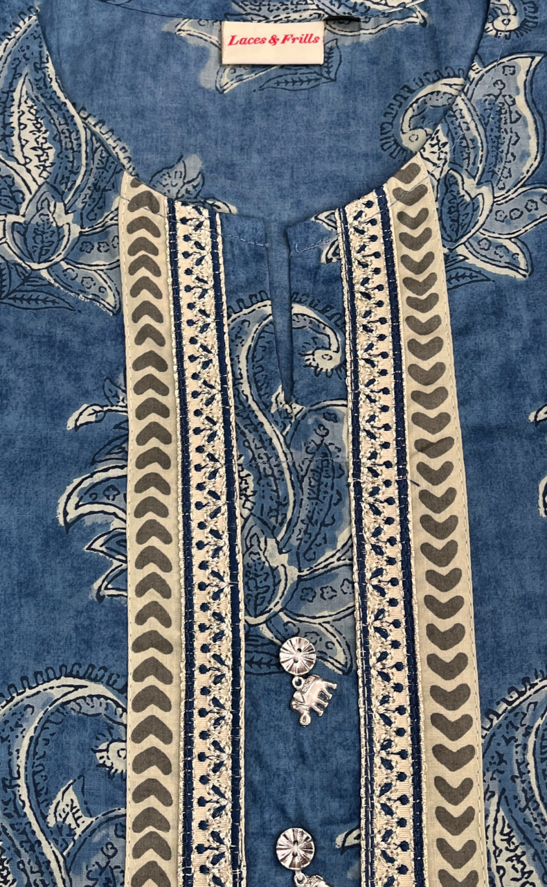 Indigo Blue Floral Jaipuri Cotton Kurti. Pure Versatile Cotton. | Laces and Frills