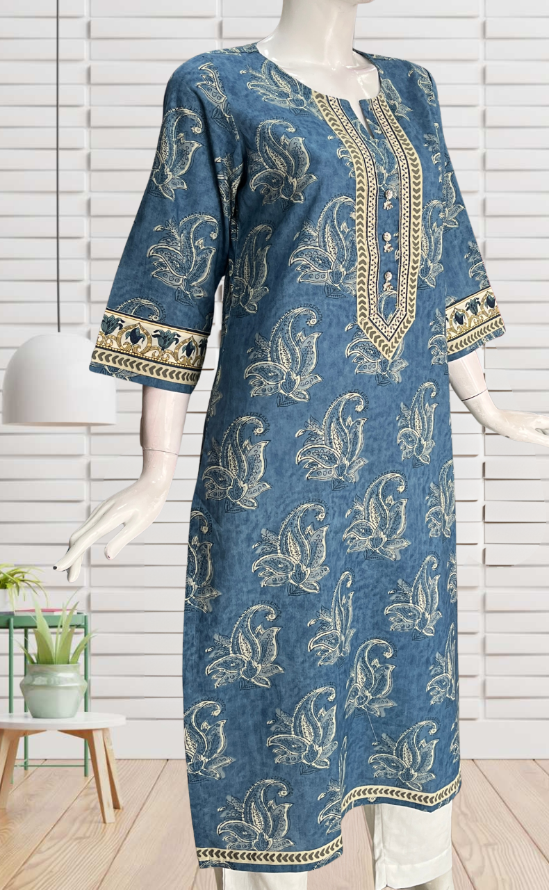 Indigo Blue Floral Jaipuri Cotton Kurti. Pure Versatile Cotton. | Laces and Frills