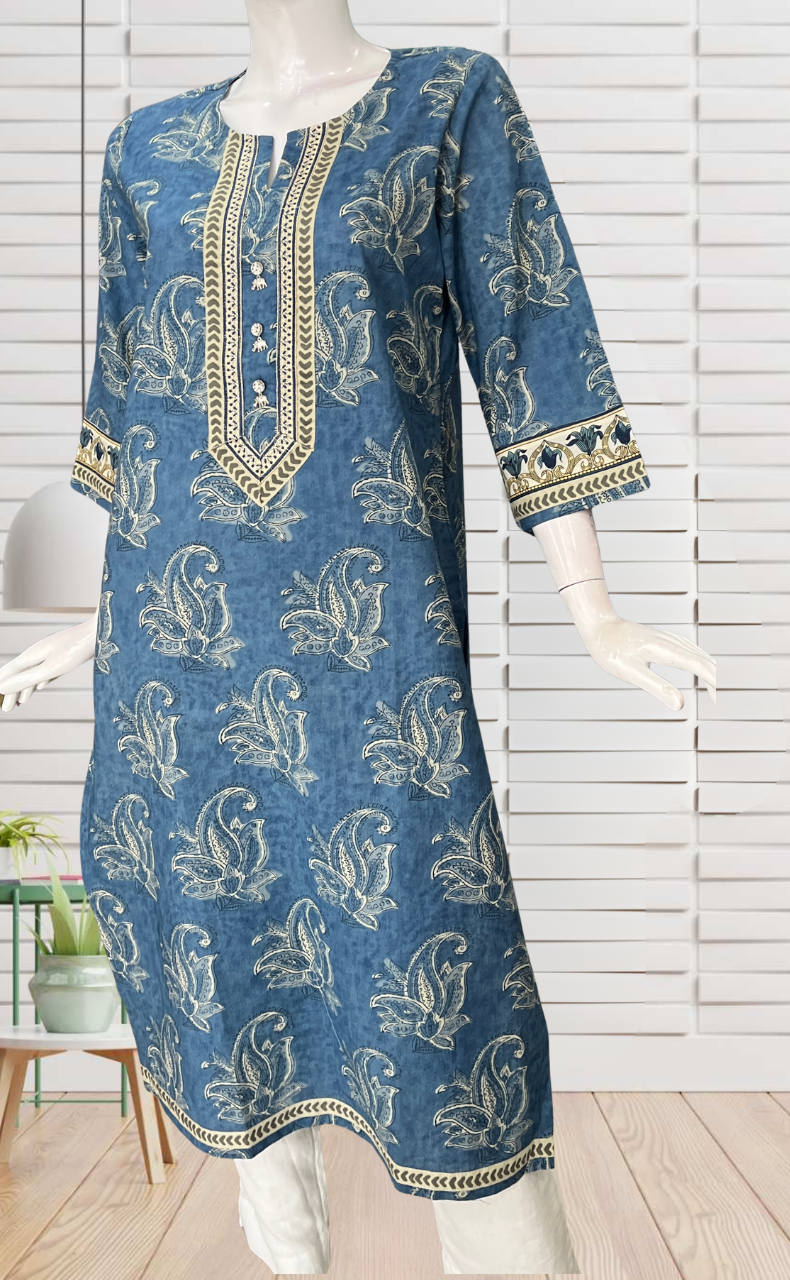 Indigo Blue Floral Jaipuri Cotton Kurti. Pure Versatile Cotton. | Laces and Frills