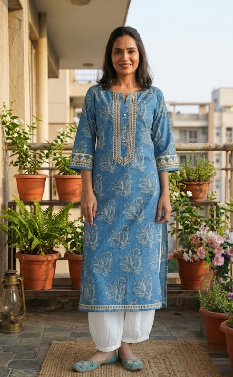 Indigo Blue Floral Jaipuri Cotton Kurti. Pure Versatile Cotton. | Laces and Frills