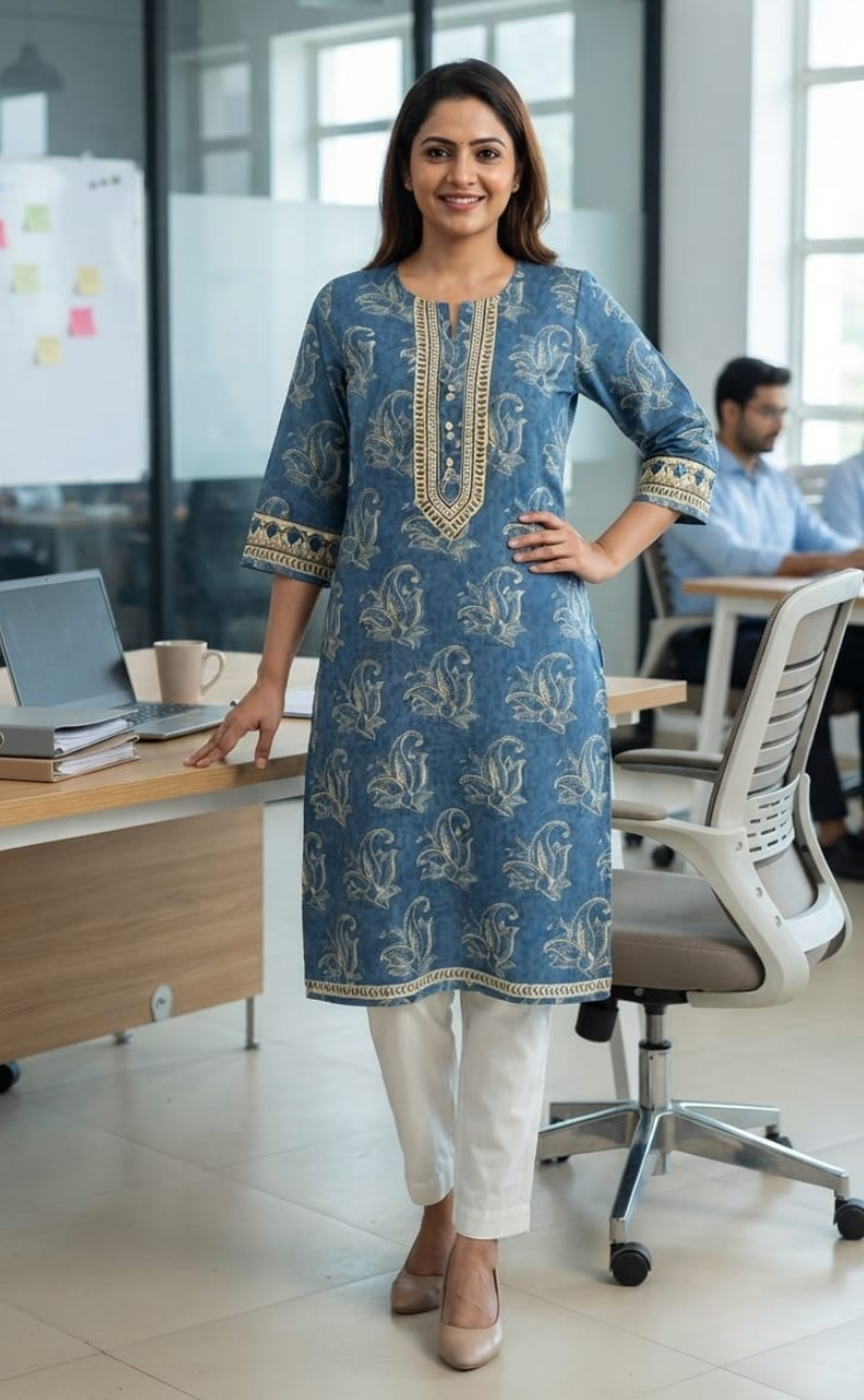 Indigo Blue Floral Jaipuri Cotton Kurti. Pure Versatile Cotton. | Laces and Frills